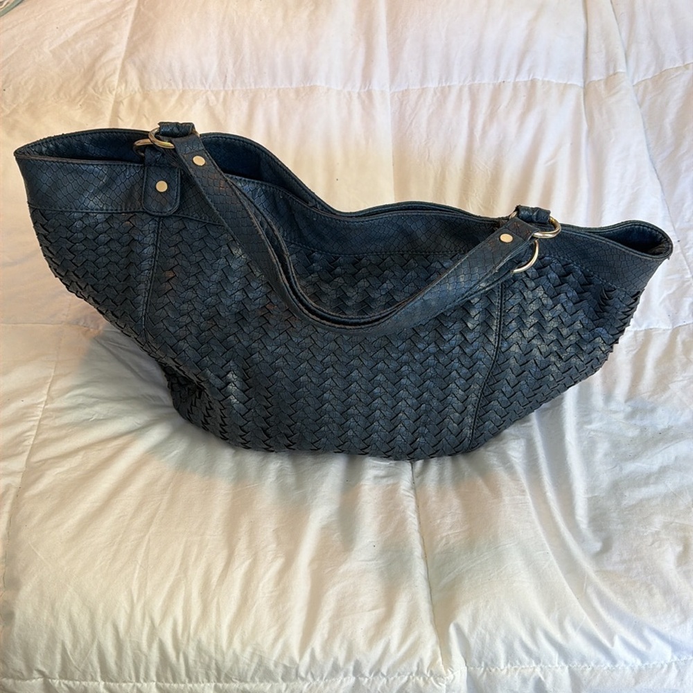 Neiman Marcus navy blue woven “vegan leather” bag stylish showing some wear